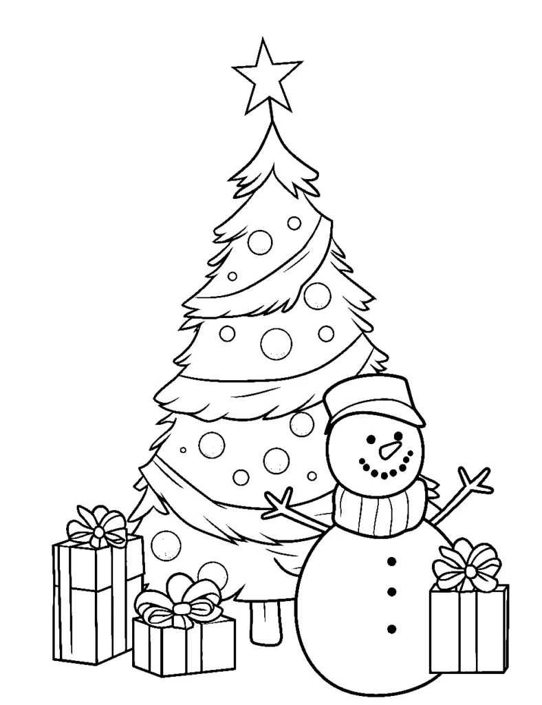 Vianočný stromček so snehuliakom - omaľovánka